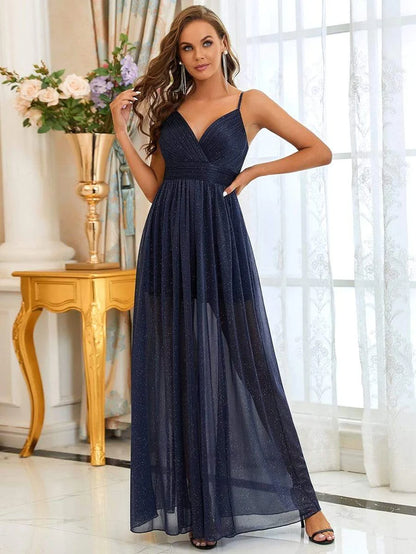 Wholesa Maxi Long V Neck A-Line Sleeveless Evening Dress