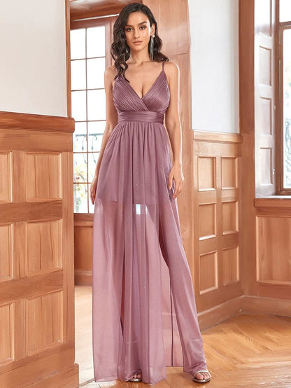 Wholesa Maxi Long V Neck A-Line Sleeveless Evening Dress