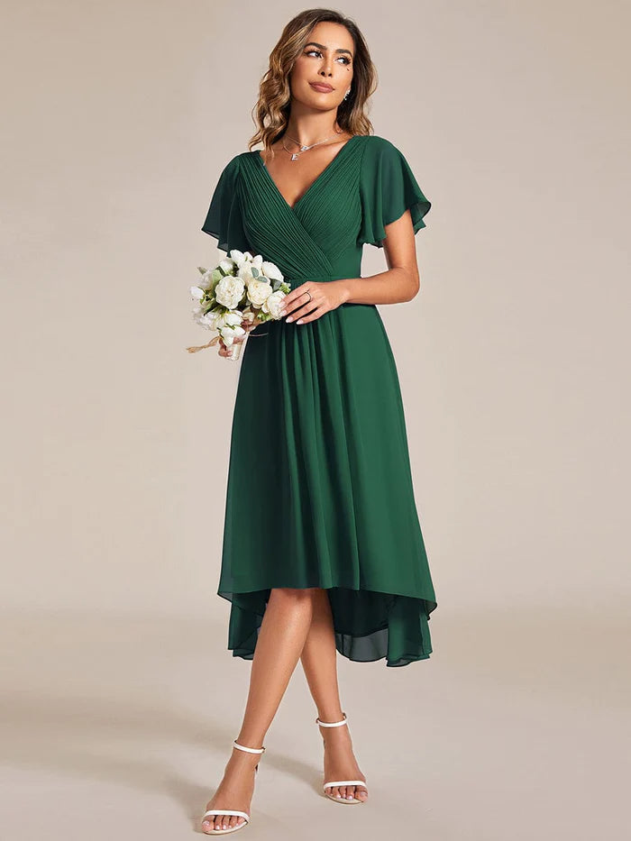 Wholesa Chic V Neck High-Low Wedding Guest Dress