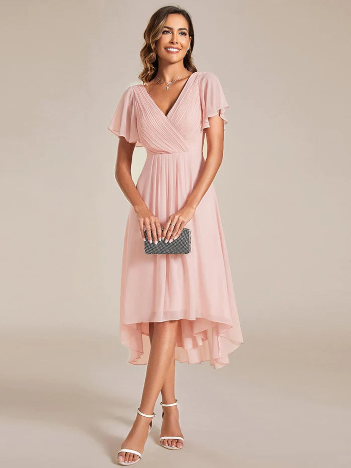 Wholesa Chic V Neck High-Low Wedding Guest Dress