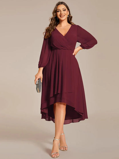 Wholesa Plus Size Long Sleeve V-Neck Chiffon High Low Wedding Guest Dress