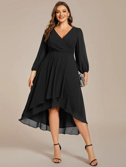 Wholesa Plus Size Long Sleeve V-Neck Chiffon High Low Wedding Guest Dress