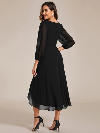 Wholesa Elegant Long Sleeve V-Neck High Low Chiffon Wedding Guest Dress