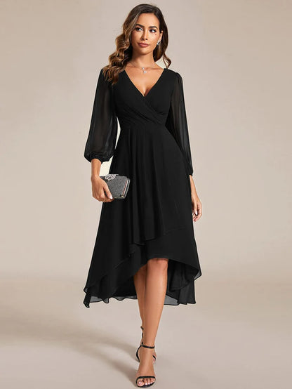 Wholesa Elegant Long Sleeve V-Neck High Low Chiffon Wedding Guest Dress