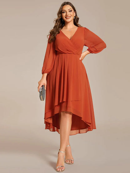 Wholesa Plus Size Long Sleeve V-Neck Chiffon High Low Wedding Guest Dress