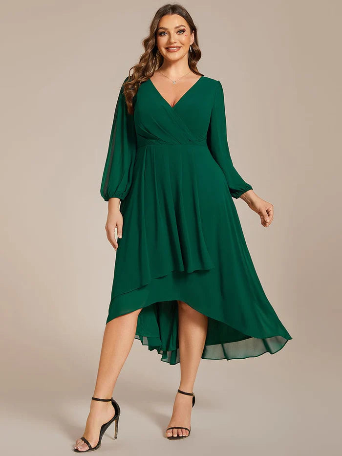 Wholesa Plus Size Long Sleeve V-Neck Chiffon High Low Wedding Guest Dress