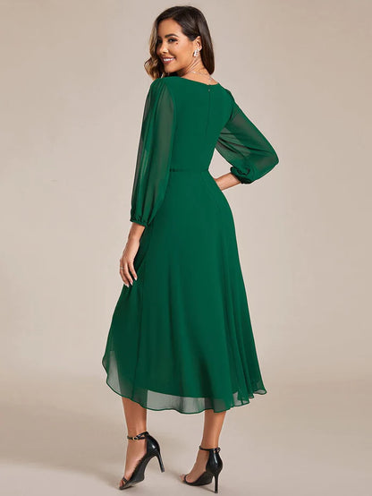 Wholesa Elegant Long Sleeve V-Neck High Low Chiffon Wedding Guest Dress