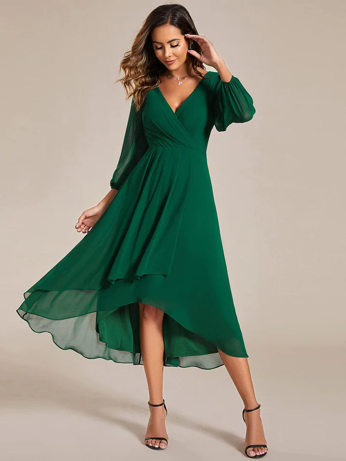 Wholesa Elegant Long Sleeve V-Neck High Low Chiffon Wedding Guest Dress