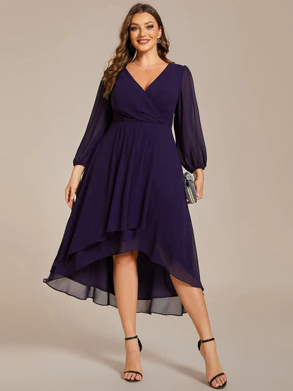 Wholesa Plus Size Long Sleeve V-Neck Chiffon High Low Wedding Guest Dress