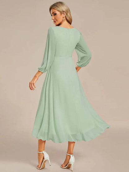 Wholesa See-Through Long Sleeves V-Neck A-Line Chiffon Wedding Guest Dress