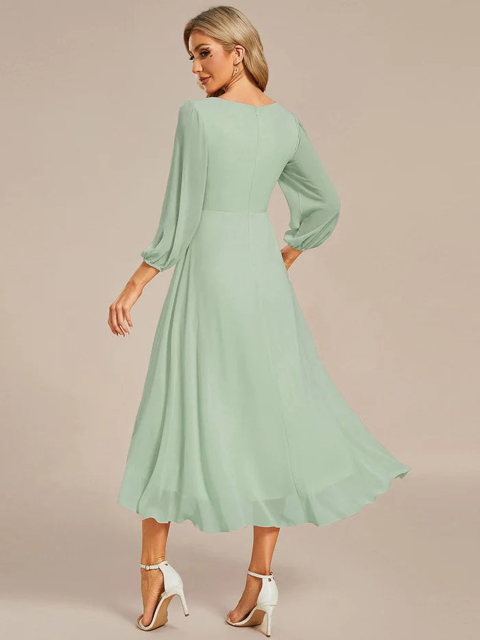 Wholesa Chiffon Long Sleeve V-Neck High-Low Wedding Guest Dress