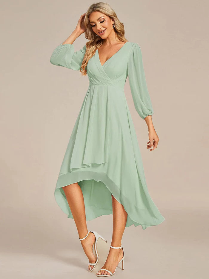 Wholesa See-Through Long Sleeves V-Neck A-Line Chiffon Wedding Guest Dress