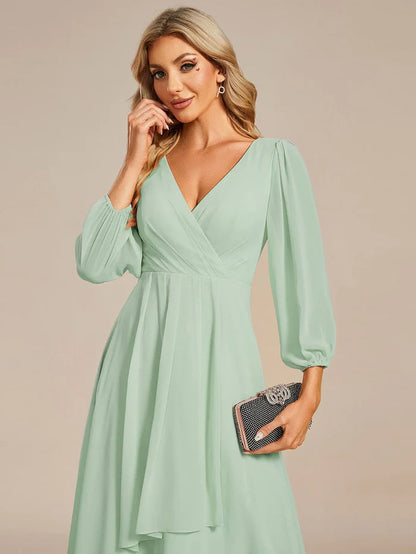 Wholesa See-Through Long Sleeves V-Neck A-Line Chiffon Wedding Guest Dress