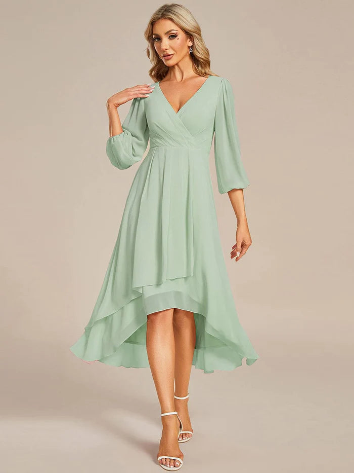 Wholesa Chiffon Long Sleeve V-Neck High-Low Wedding Guest Dress