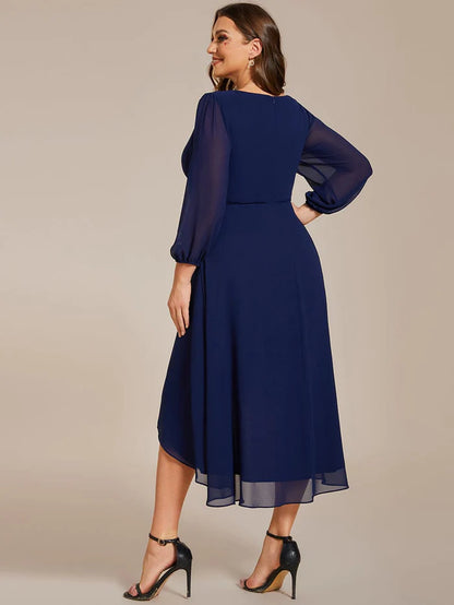 Wholesa Elegant Long Sleeve V-Neck High Low Chiffon Wedding Guest Dress