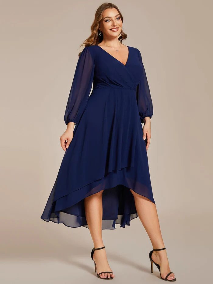 Wholesa Plus Size Long Sleeve V-Neck Chiffon High Low Wedding Guest Dress