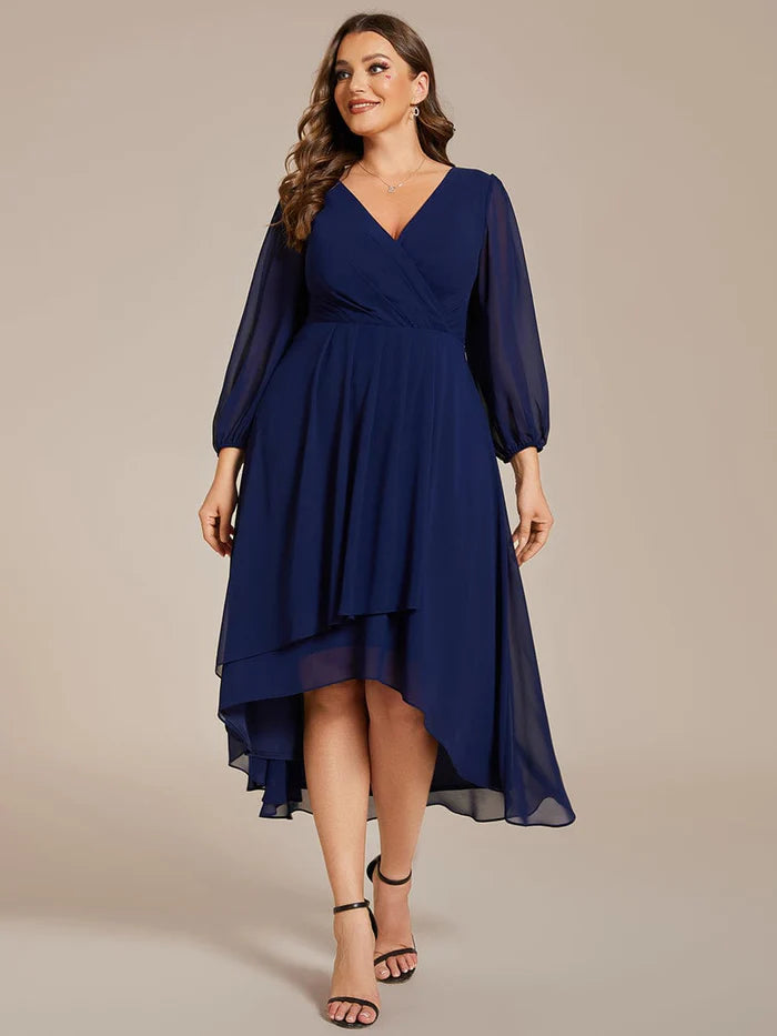 Wholesa Elegant Long Sleeve V-Neck High Low Chiffon Wedding Guest Dress