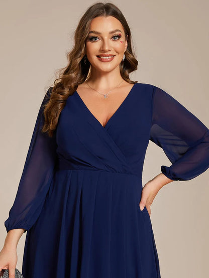 Wholesa Plus Size Long Sleeve V-Neck Chiffon High Low Wedding Guest Dress