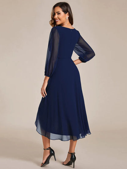 Wholesa Elegant Long Sleeve V-Neck High Low Chiffon Wedding Guest Dress