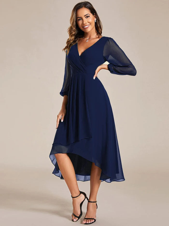 Wholesa Elegant Long Sleeve V-Neck High Low Chiffon Wedding Guest Dress