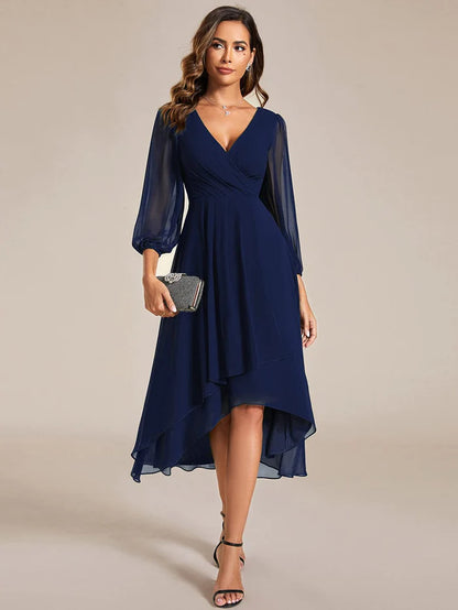 Wholesa Elegant Long Sleeve V-Neck High Low Chiffon Wedding Guest Dress