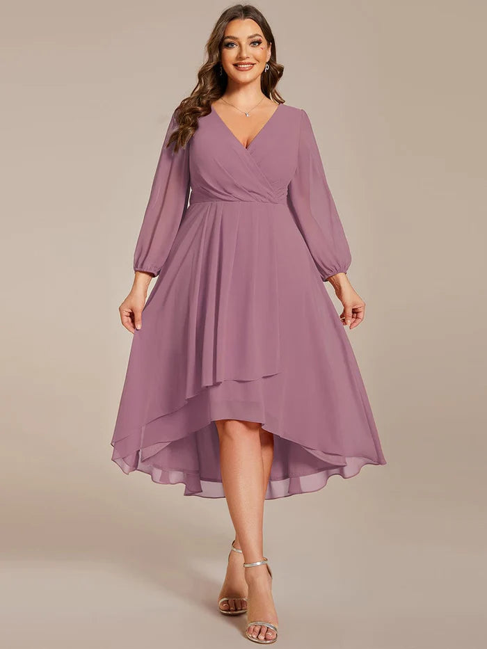 Wholesa See-Through Long Sleeves V-Neck A-Line Chiffon Wedding Guest Dress