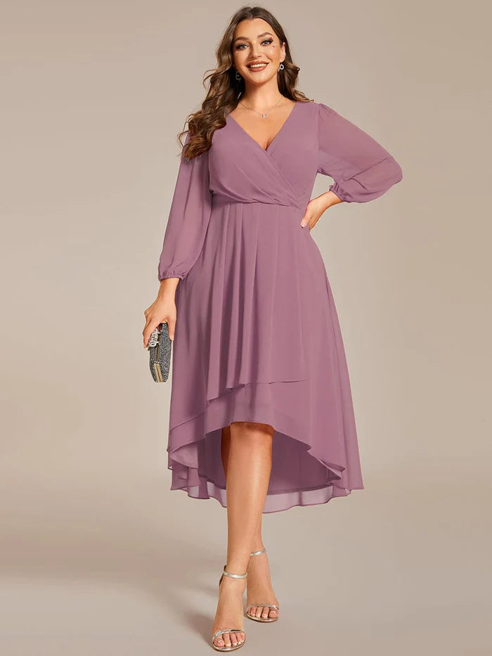 Wholesa Chiffon Long Sleeve V-Neck High-Low Wedding Guest Dress