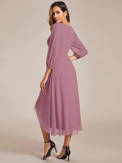 Wholesa Chiffon Long Sleeve V-Neck High-Low Wedding Guest Dress