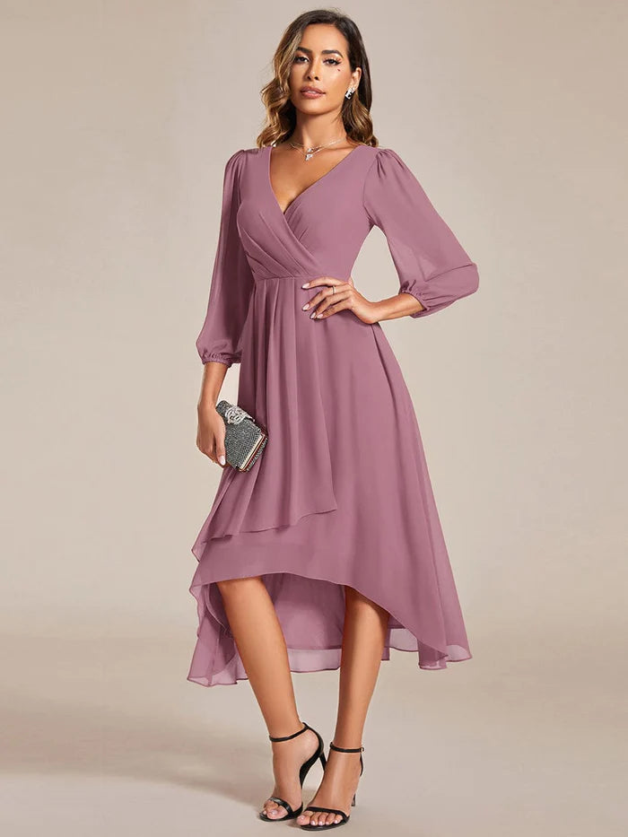 Wholesa See-Through Long Sleeves V-Neck A-Line Chiffon Wedding Guest Dress