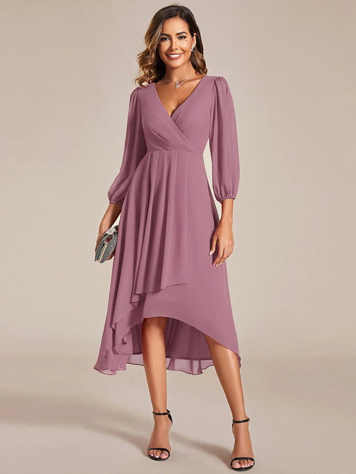 Wholesa See-Through Long Sleeves V-Neck A-Line Chiffon Wedding Guest Dress