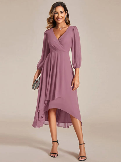 Wholesa Chiffon Long Sleeve V-Neck High-Low Wedding Guest Dress