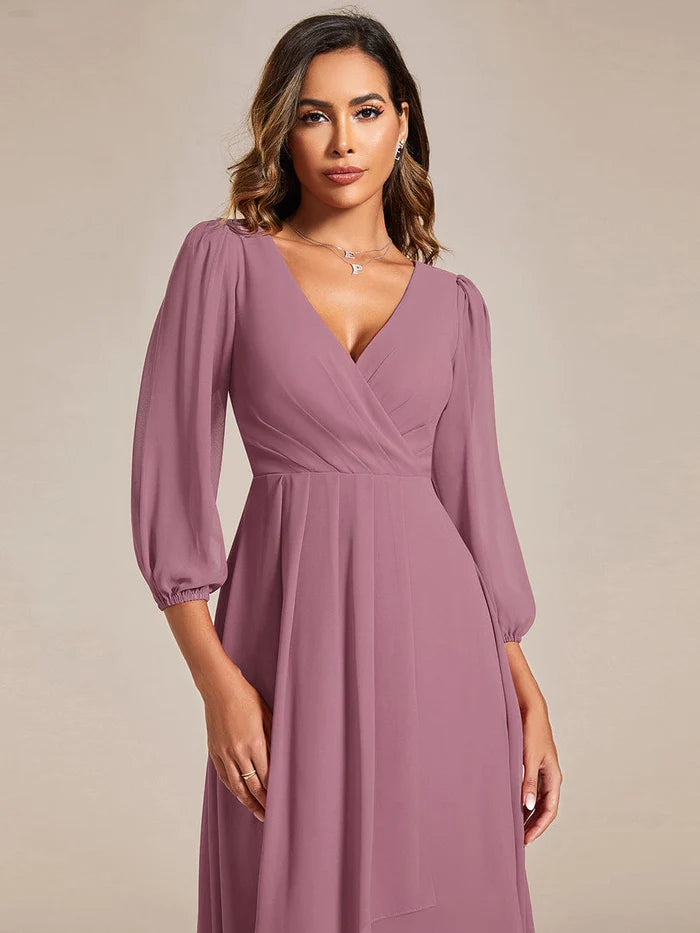 Wholesa See-Through Long Sleeves V-Neck A-Line Chiffon Wedding Guest Dress