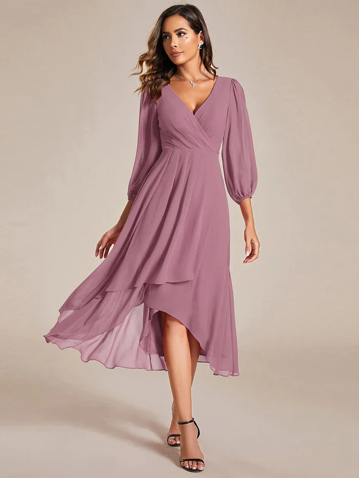 Wholesa See-Through Long Sleeves V-Neck A-Line Chiffon Wedding Guest Dress