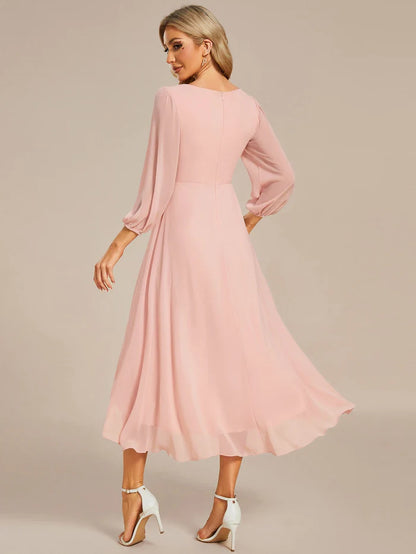 Wholesa See-Through Long Sleeves V-Neck A-Line Chiffon Wedding Guest Dress