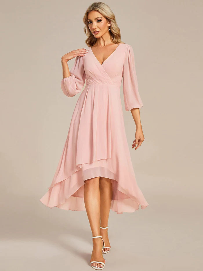 Wholesa See-Through Long Sleeves V-Neck A-Line Chiffon Wedding Guest Dress