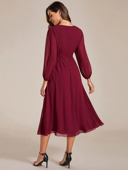 Wholesa Elegant V Neck Long Sleeves Midi Wedding Guest Dress