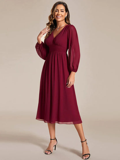 Wholesa Elegant V Neck Long Sleeves Midi Wedding Guest Dress