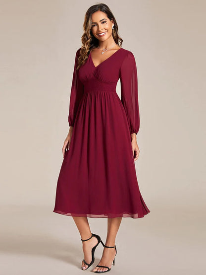 Wholesa Elegant V Neck Long Sleeves Midi Wedding Guest Dress