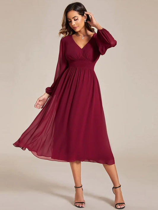 Wholesa Elegant V Neck Long Sleeves Midi Wedding Guest Dress