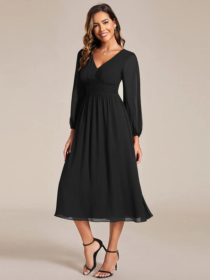 Wholesa Elegant V Neck Long Sleeves Midi Wedding Guest Dress