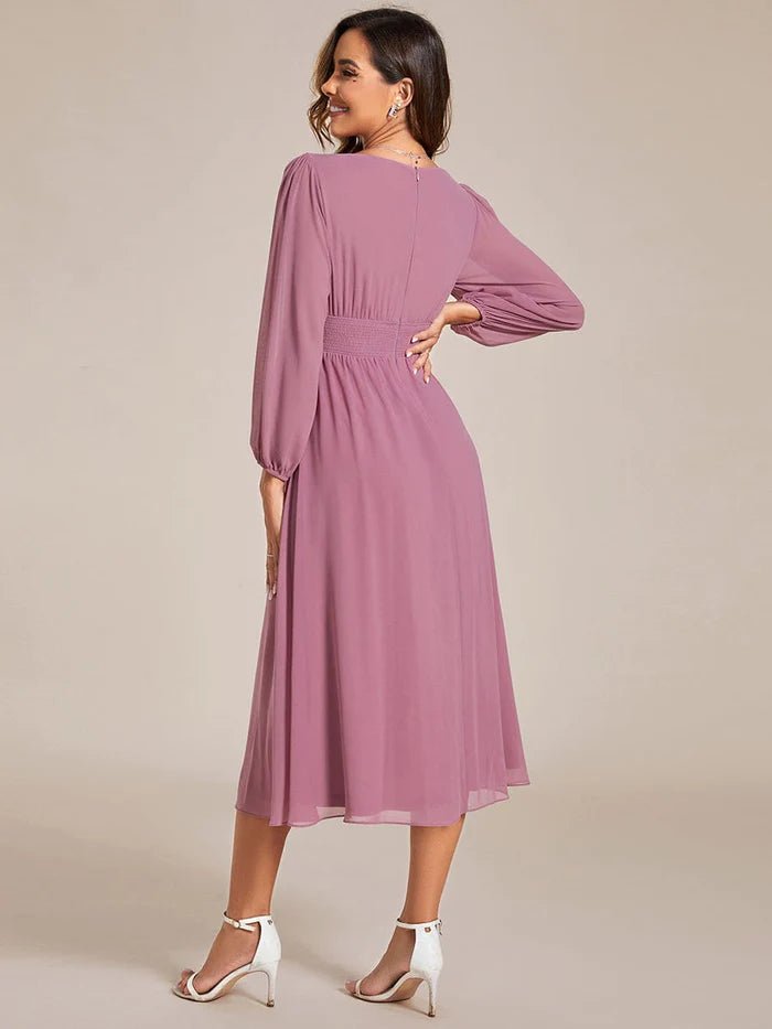 Wholesa Elegant V Neck Long Sleeves Midi Wedding Guest Dress