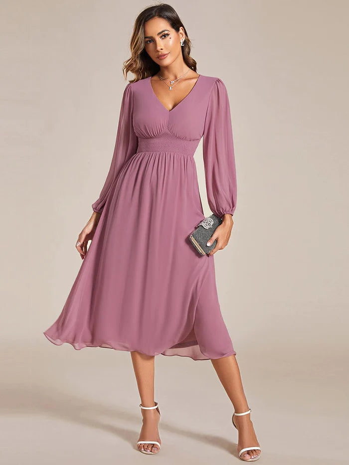 Wholesa Elegant V Neck Long Sleeves Midi Wedding Guest Dress