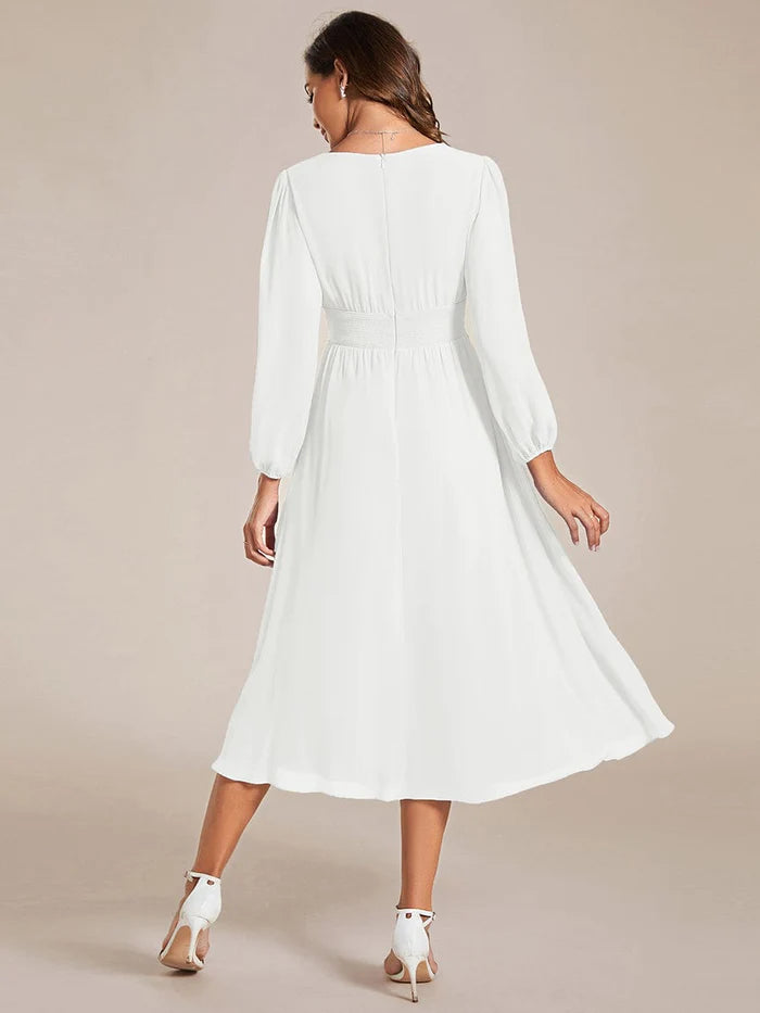 Wholesa Elegant V Neck Long Sleeves Midi Wedding Guest Dress