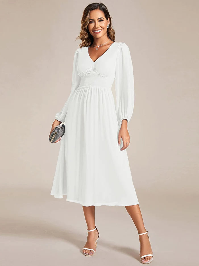 Wholesa Elegant V Neck Long Sleeves Midi Wedding Guest Dress