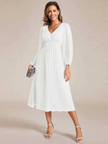 Wholesa Elegant V Neck Long Sleeves Midi Wedding Guest Dress