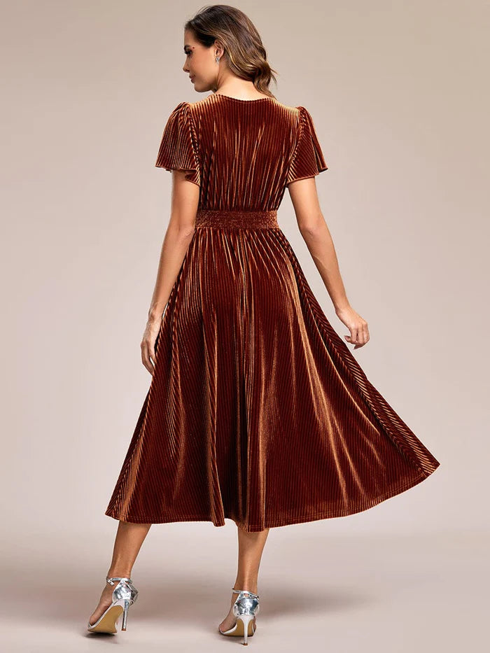 Wholesa Striped Velvet Flutter Sleeves V-Neck Midi Wedding Guest Dress