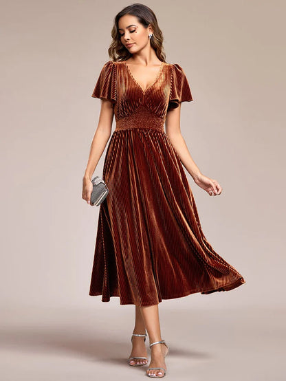 Wholesa Striped Velvet Flutter Sleeves V-Neck Midi Wedding Guest Dress