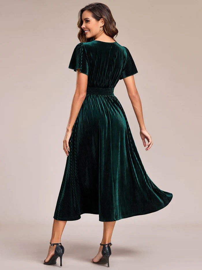 Wholesa Striped Velvet Flutter Sleeves V-Neck Midi Wedding Guest Dress