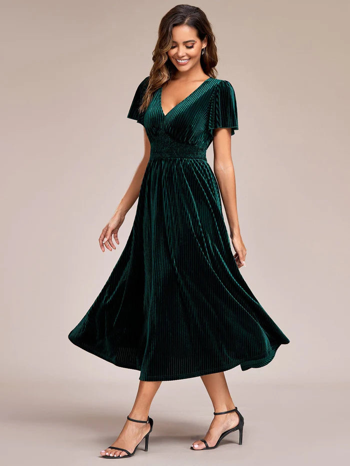 Wholesa Striped Velvet Flutter Sleeves V-Neck Midi Wedding Guest Dress