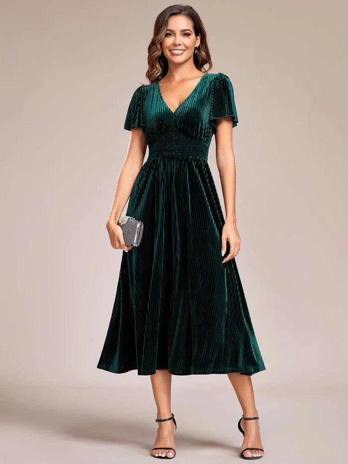 Wholesa Striped Velvet Flutter Sleeves V-Neck Midi Wedding Guest Dress